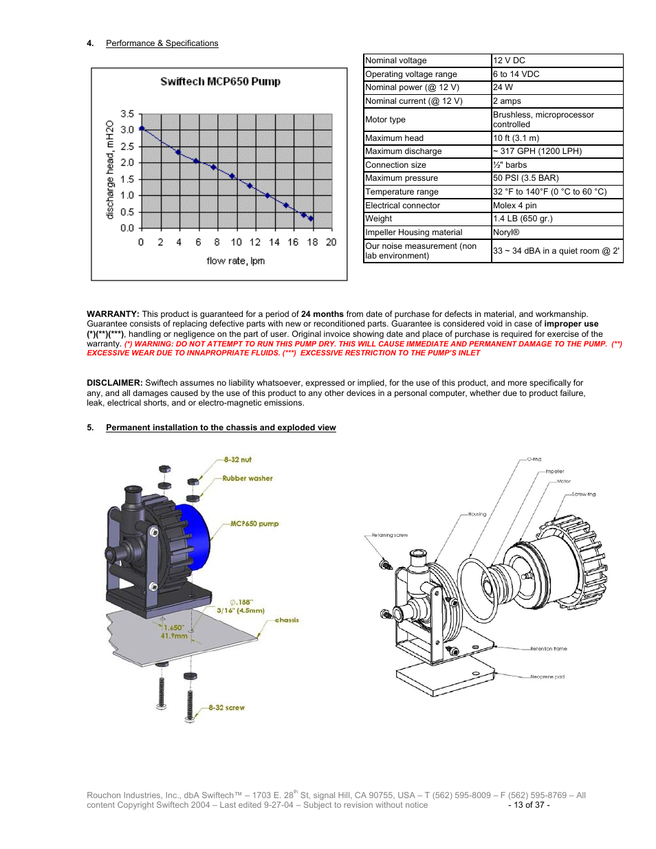 Erformance, Pecifications | Swiftech H20 120 T User Manual | Page 13 / 37