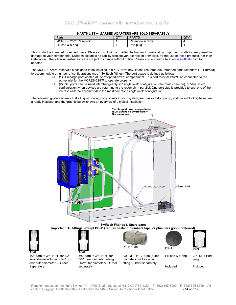 Parts list – barbed adapters are sold separately, Mcres-525™ r, Eservoir | Nstallation guide | Swiftech H20 120 T User Manual | Page 14 / 37