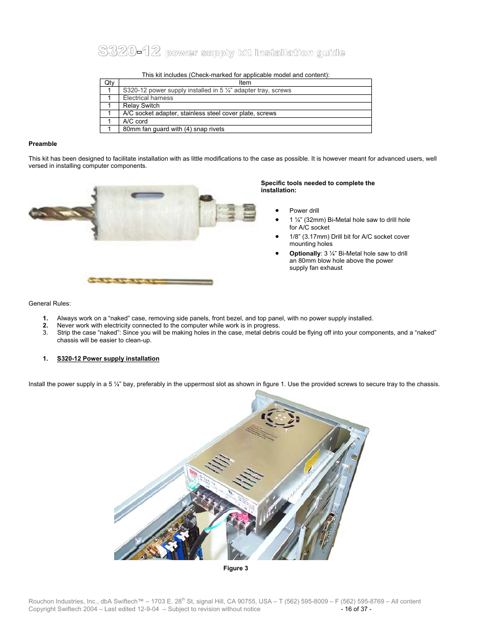 Preamble, S320-12, Power supply kit installation guide | S320-12 1. s320-12, Ower supply installation | Swiftech H20 120 T User Manual | Page 16 / 37