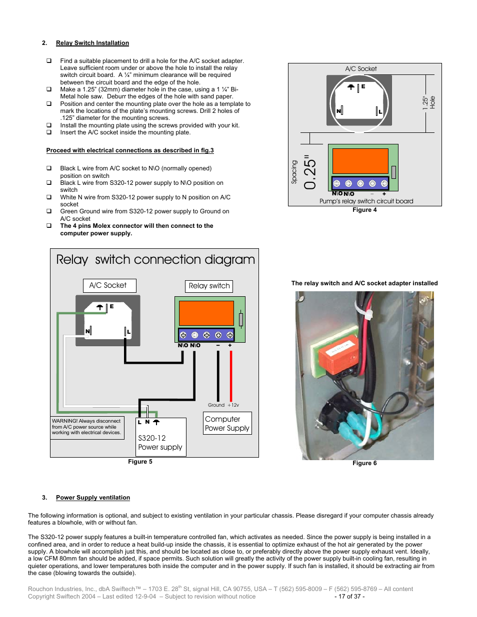 Elay, Witch, Nstallation | Ower, Upply ventilation, Relay switch connection diagram | Swiftech H20 120 T User Manual | Page 17 / 37