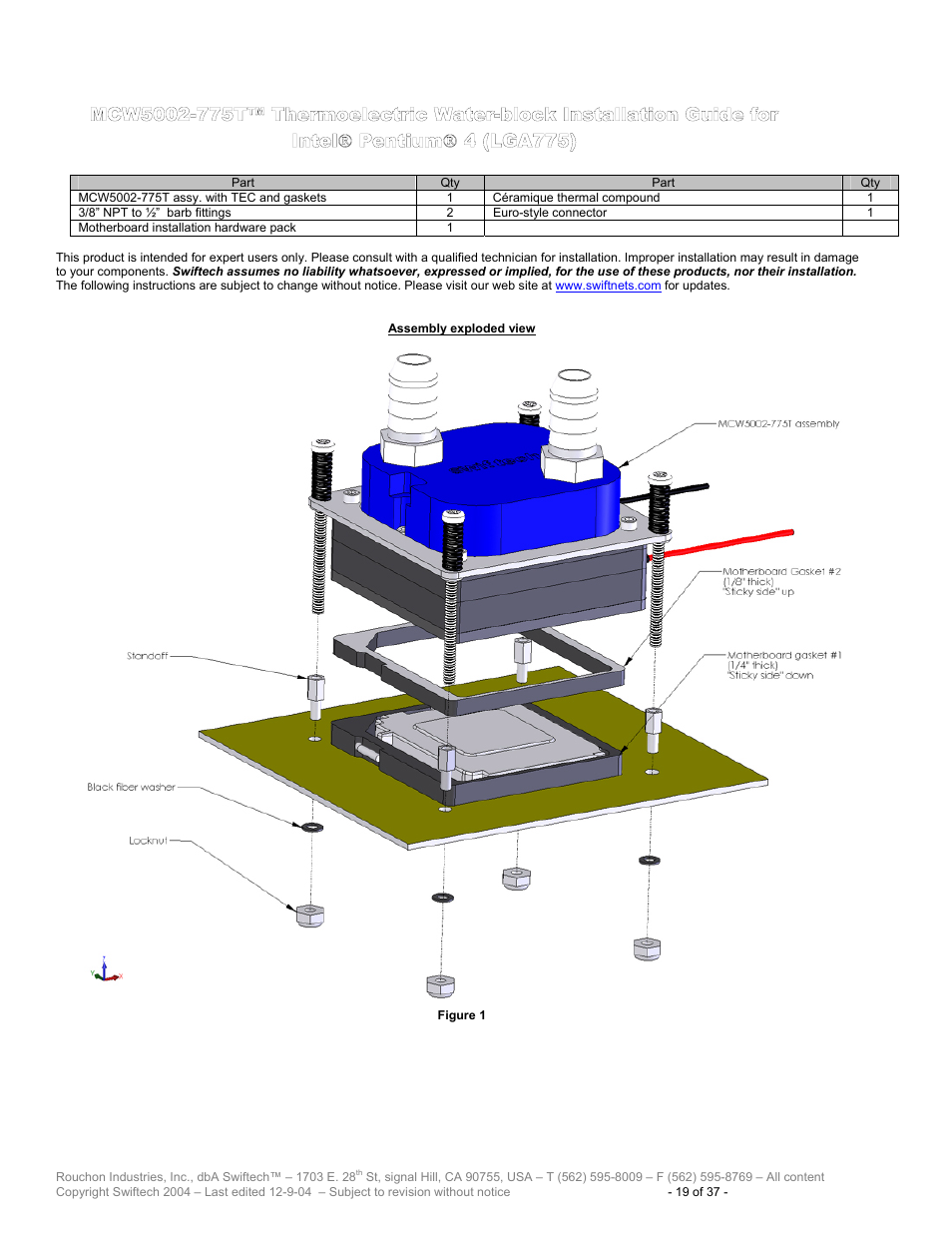 Mcw5002-775t™ t, Hermoelectric, Ater | Block, Nstallation, Uide for, Ntel, Entium, 4 (lga775) | Swiftech H20 120 T User Manual | Page 19 / 37