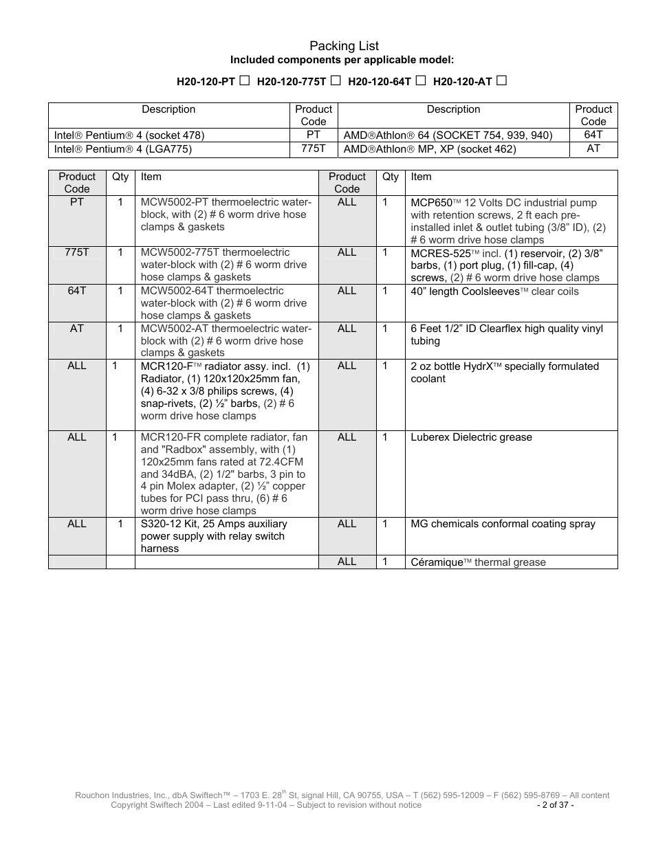 Swiftech H20 120 T User Manual | Page 2 / 37