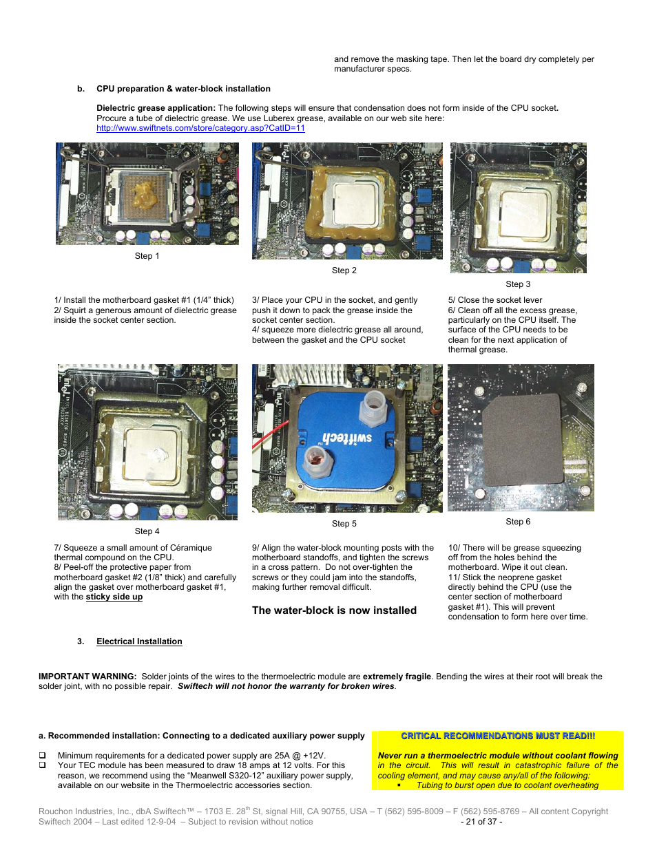 Lectrical, Nstallation | Swiftech H20 120 T User Manual | Page 21 / 37