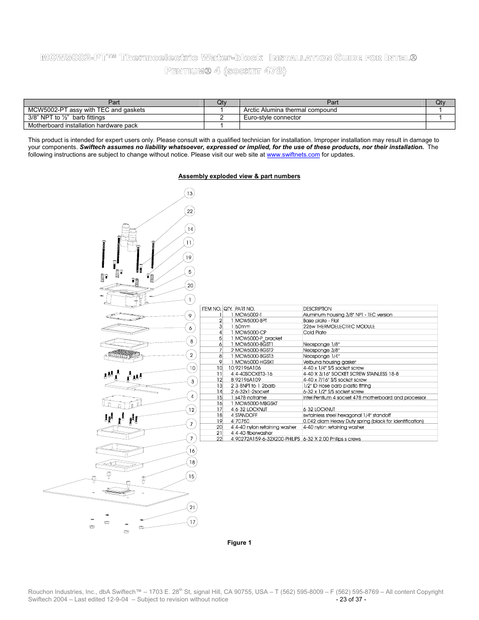 Mcw5002-pt™ t, Hermoelectric, Ater | Block, Nstallation, Uide for, Ntel, Entium, Socket | Swiftech H20 120 T User Manual | Page 23 / 37