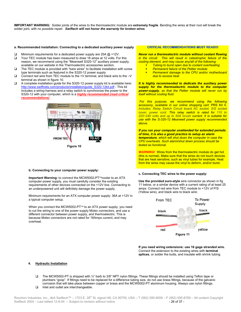 Ydraulic, Nstallation | Swiftech H20 120 T User Manual | Page 26 / 37