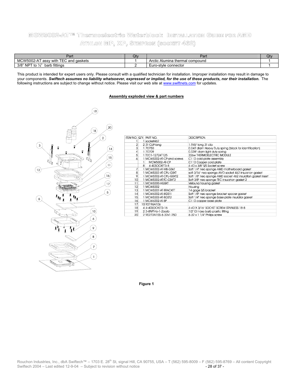 Mcw5002-at™ t, Hermoelectric, Aterblock | Nstallation, Uide for, Amd a, Thlon, Mp, xp, s, Empron, Socket | Swiftech H20 120 T User Manual | Page 28 / 37