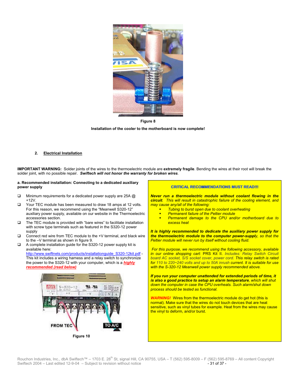 Lectrical, Nstallation | Swiftech H20 120 T User Manual | Page 31 / 37