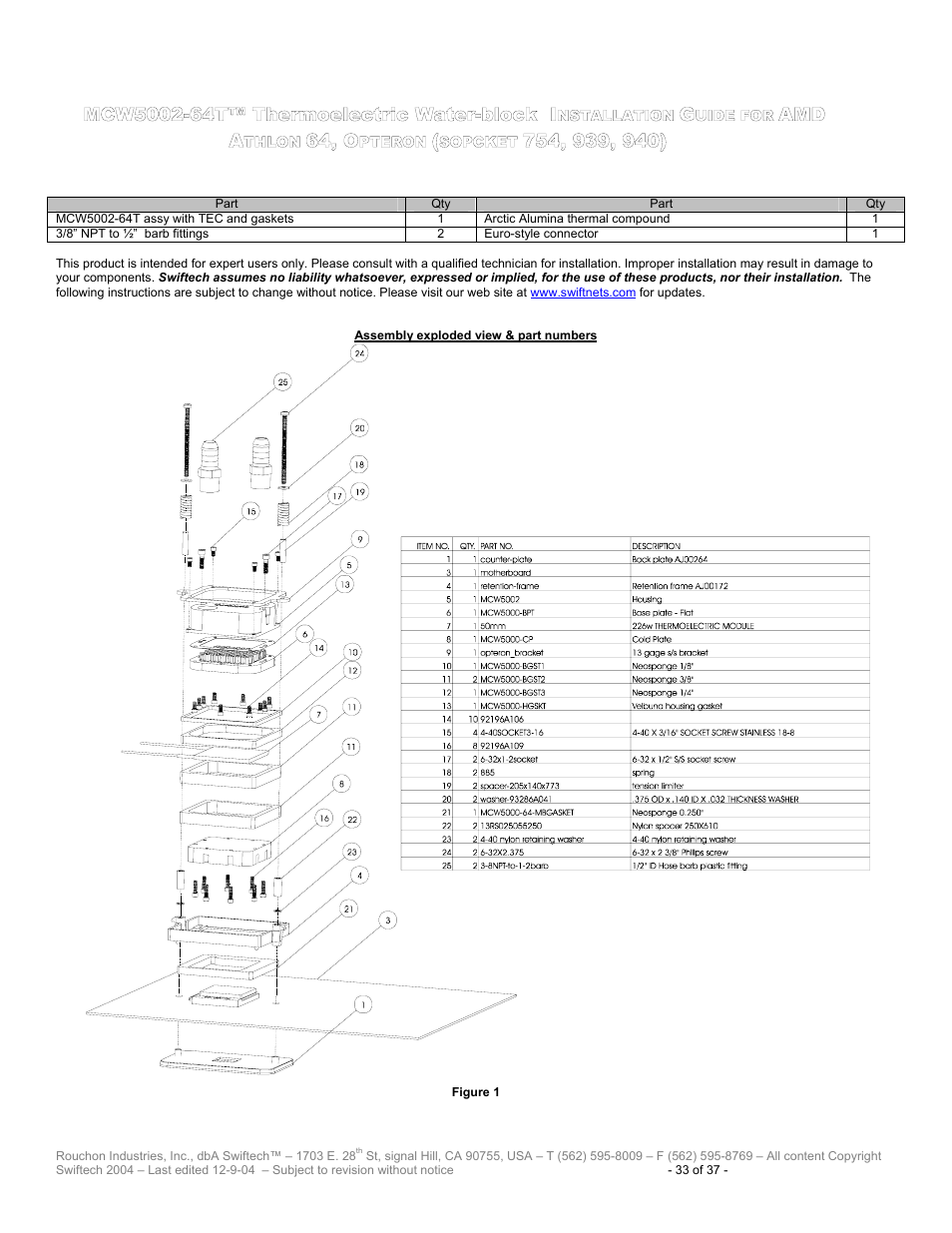 Mcw5002-64t™ t, Hermoelectric, Ater | Block, Nstallation, Uide for, Amd a, Thlon, 64, o, Pteron | Swiftech H20 120 T User Manual | Page 33 / 37