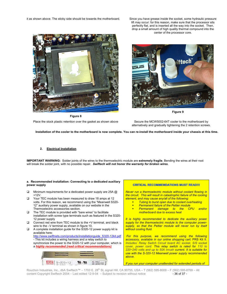 Lectrical, Nstallation | Swiftech H20 120 T User Manual | Page 36 / 37