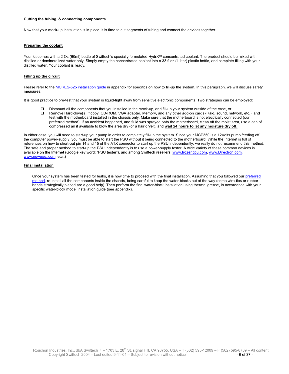 Utting the tubing, Connecting components, Reparing the coolant | Illing up the circuit, Inal installation | Swiftech H20 120 T User Manual | Page 6 / 37