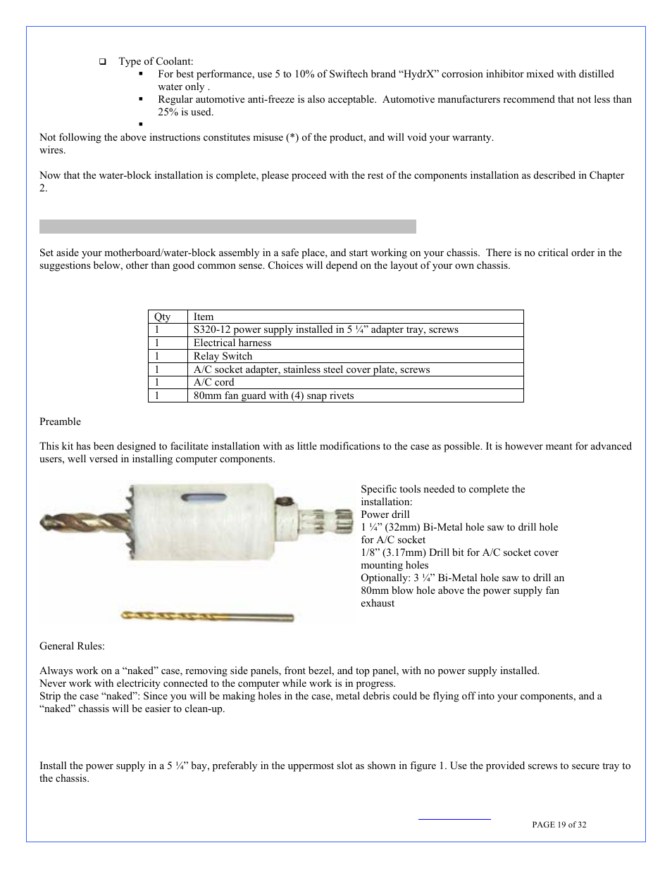 Components (other than water-block) installation, S320-12 power supply kit installation guide, S320-12 power supply installation | Swiftech H20 220 T User Manual | Page 19 / 32