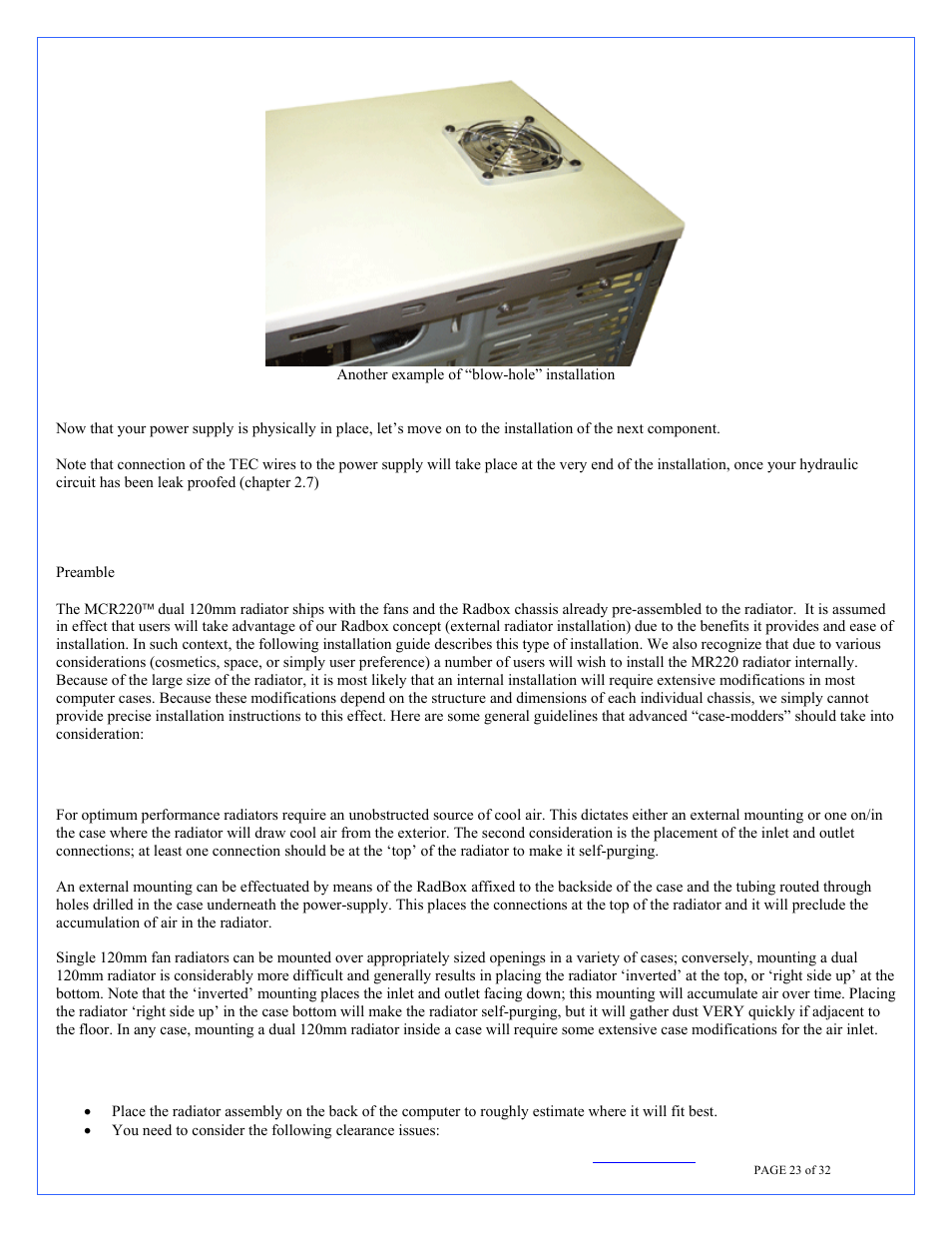 Mcr220 radiator installation, Radiator installation, general considerations, Installation with the radbox | Swiftech H20 220 T User Manual | Page 23 / 32