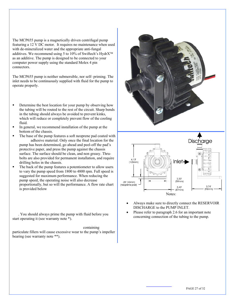 Mcp655 pump installation, General use, Installation | Precautions, Error | Swiftech H20 220 T User Manual | Page 27 / 32