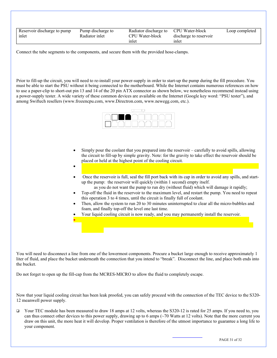 Re-installing your computer power-supply, Filling-up the circuit, Post-installation note: draining the system | Electrical connection: tec to s320-12 power-supply | Swiftech H20 220 T User Manual | Page 31 / 32