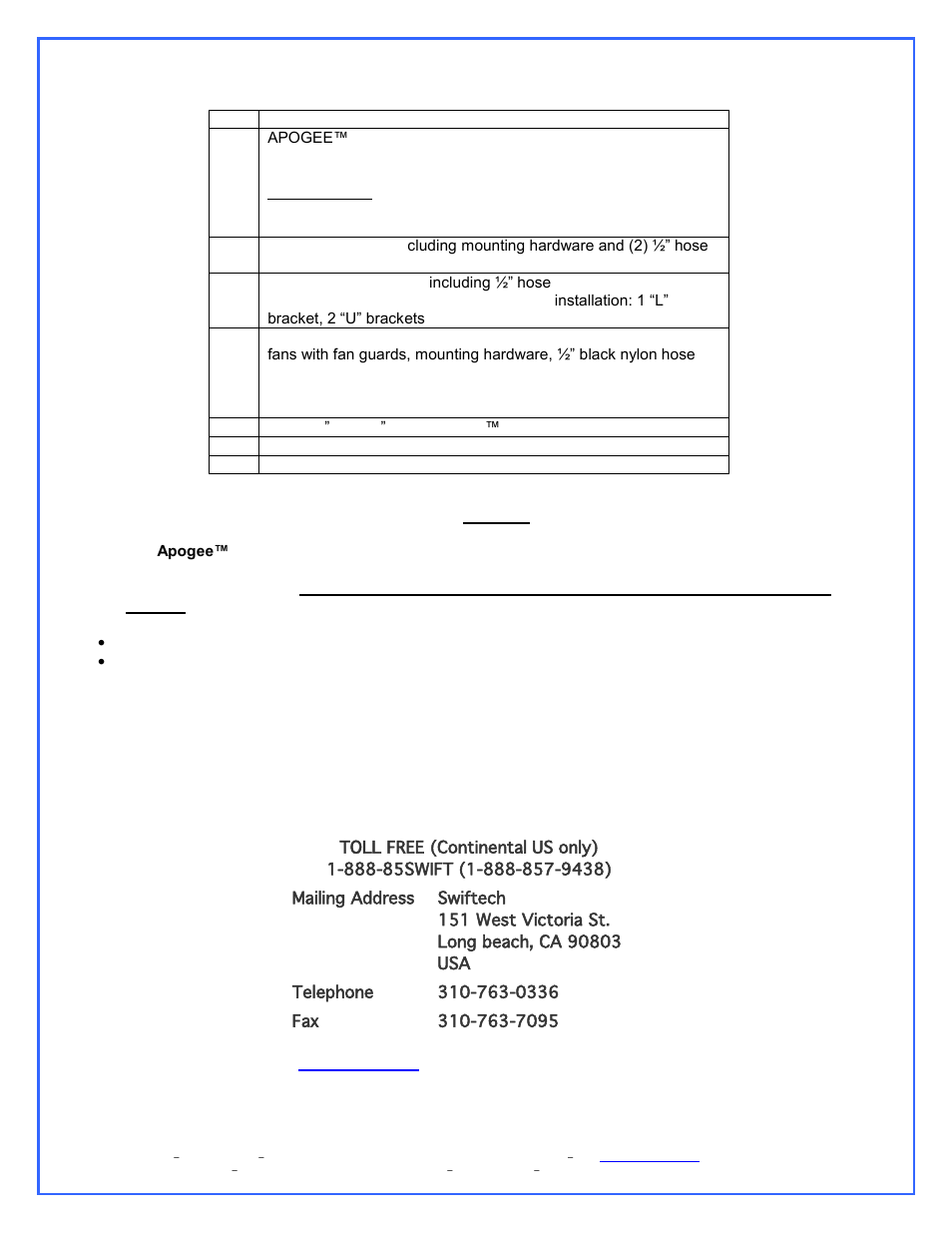 Packing list | Swiftech H20 220 ULTIMA XT REV2 User Manual | Page 2 / 15