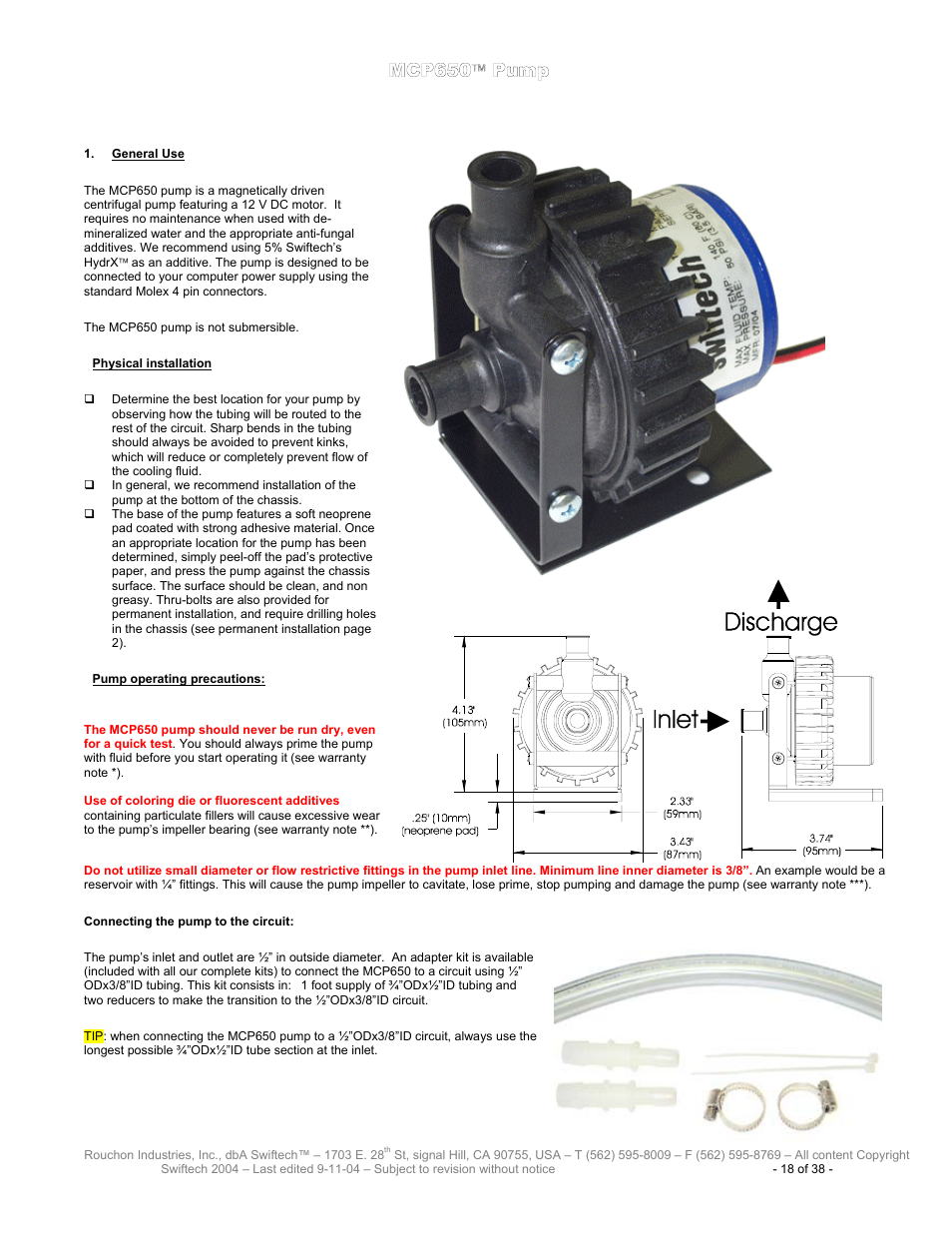 Mcp650, Eneral, Hysical installation | Ump operating precautions | Swiftech H20 80 User Manual | Page 18 / 38