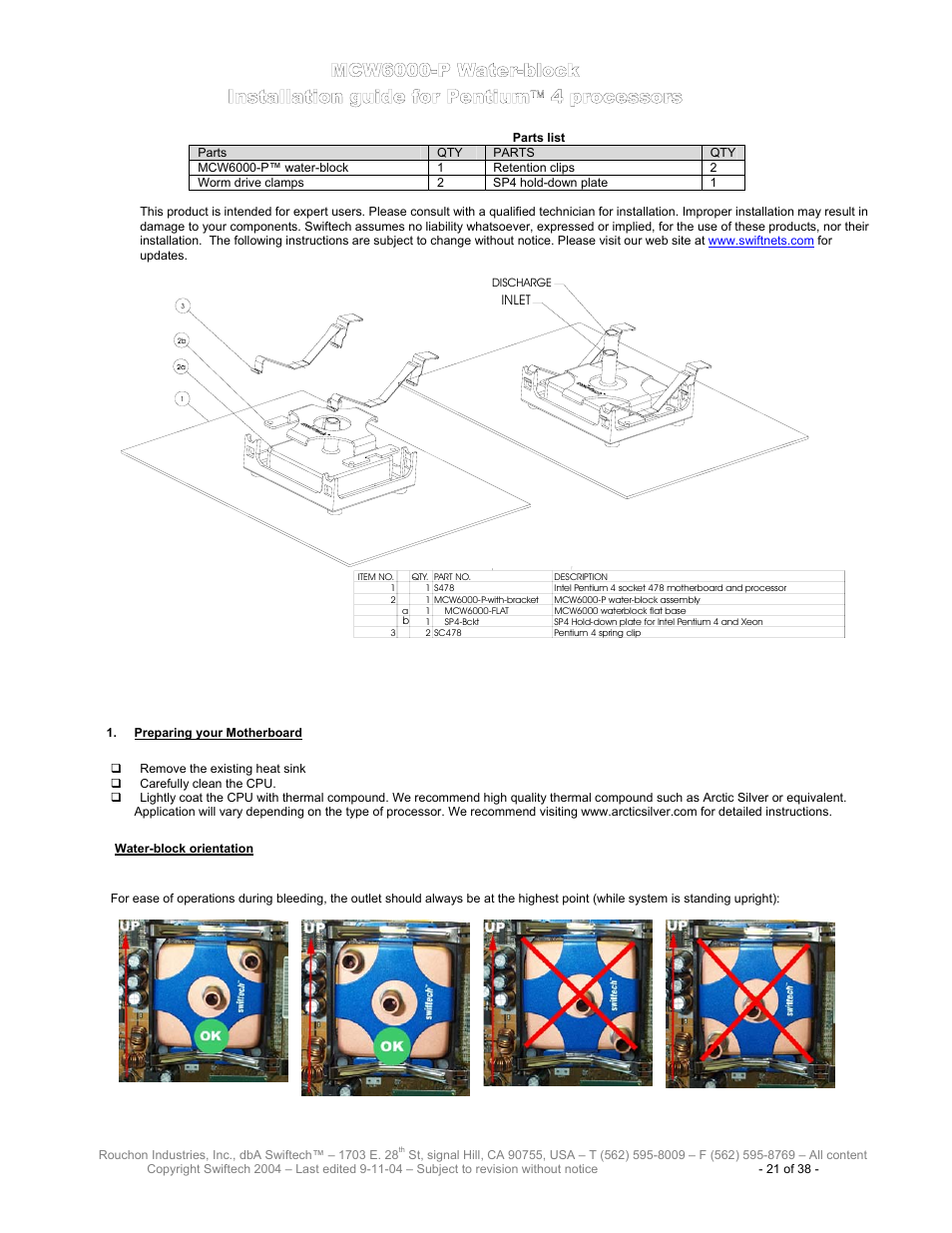 Parts list, Mcw6000-p w, Ater | Block, Nstallation guide for, Entium, Processors, Reparing your, Otherboard, Block orientation | Swiftech H20 80 User Manual | Page 21 / 38