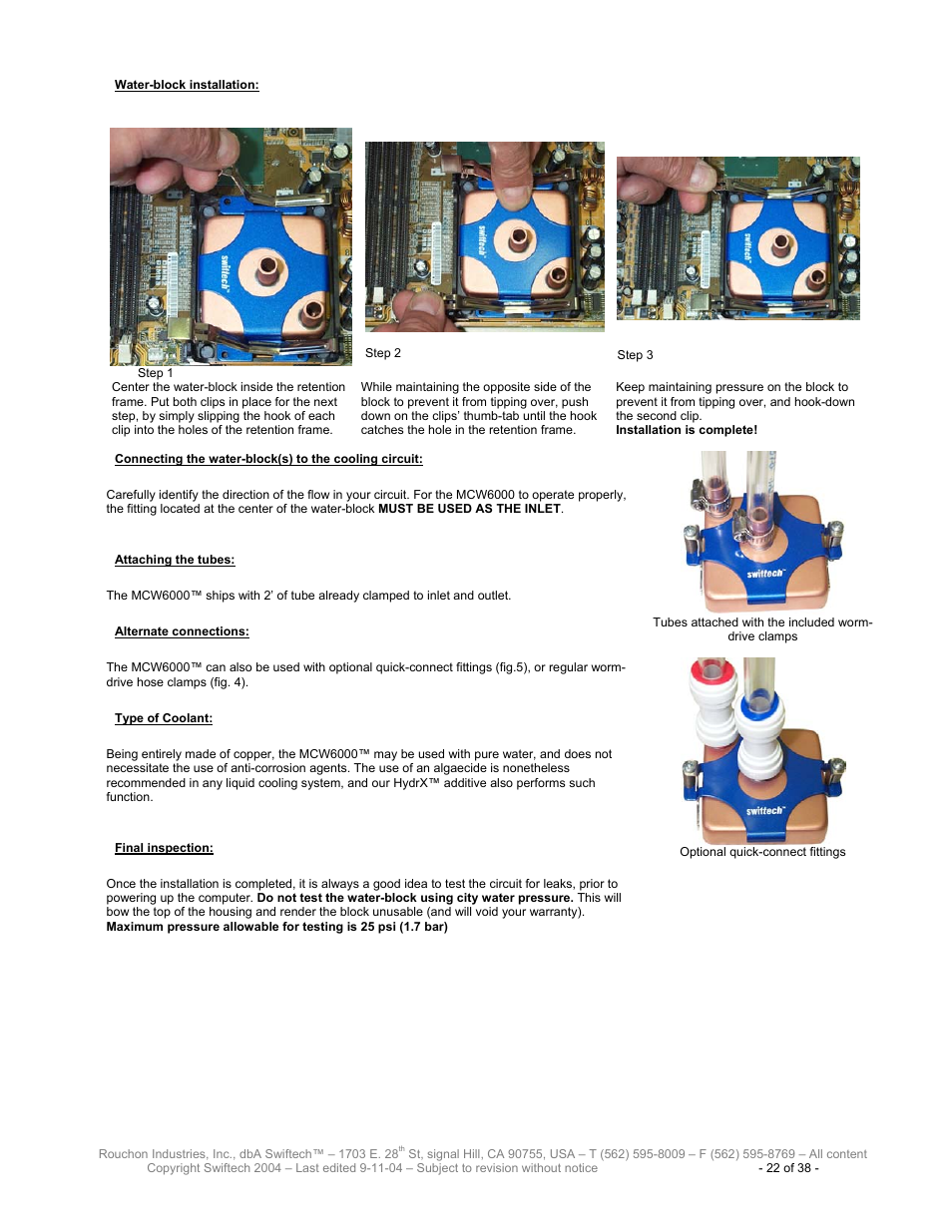 Ater, Block installation, Onnecting the water | Block, To the cooling circuit, Ttaching the tubes, Lternate connections, Ype of, Oolant, Inal inspection | Swiftech H20 80 User Manual | Page 22 / 38