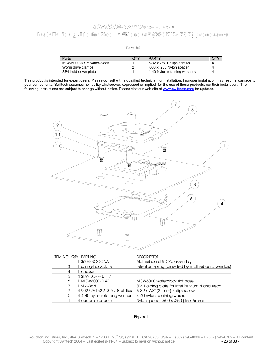 Mcw6000-nx™ w, Ater, Block | Nstallation guide for, Ocona, 800mh, Fsb), Processors, Arts list | Swiftech H20 80 User Manual | Page 26 / 38