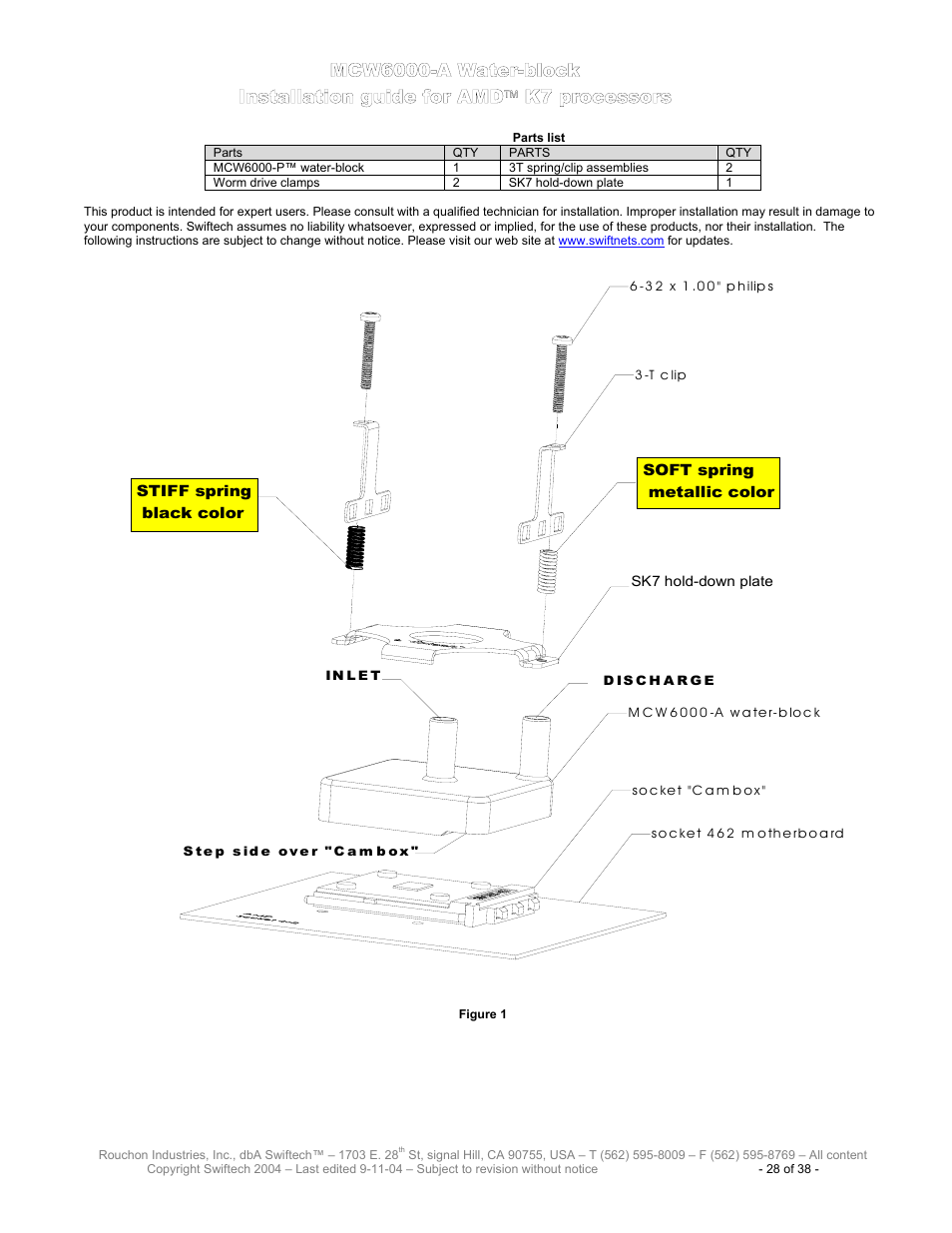 Parts list, Mcw6000-a w, Ater | Block, Nstallation guide for, Processors | Swiftech H20 80 User Manual | Page 28 / 38