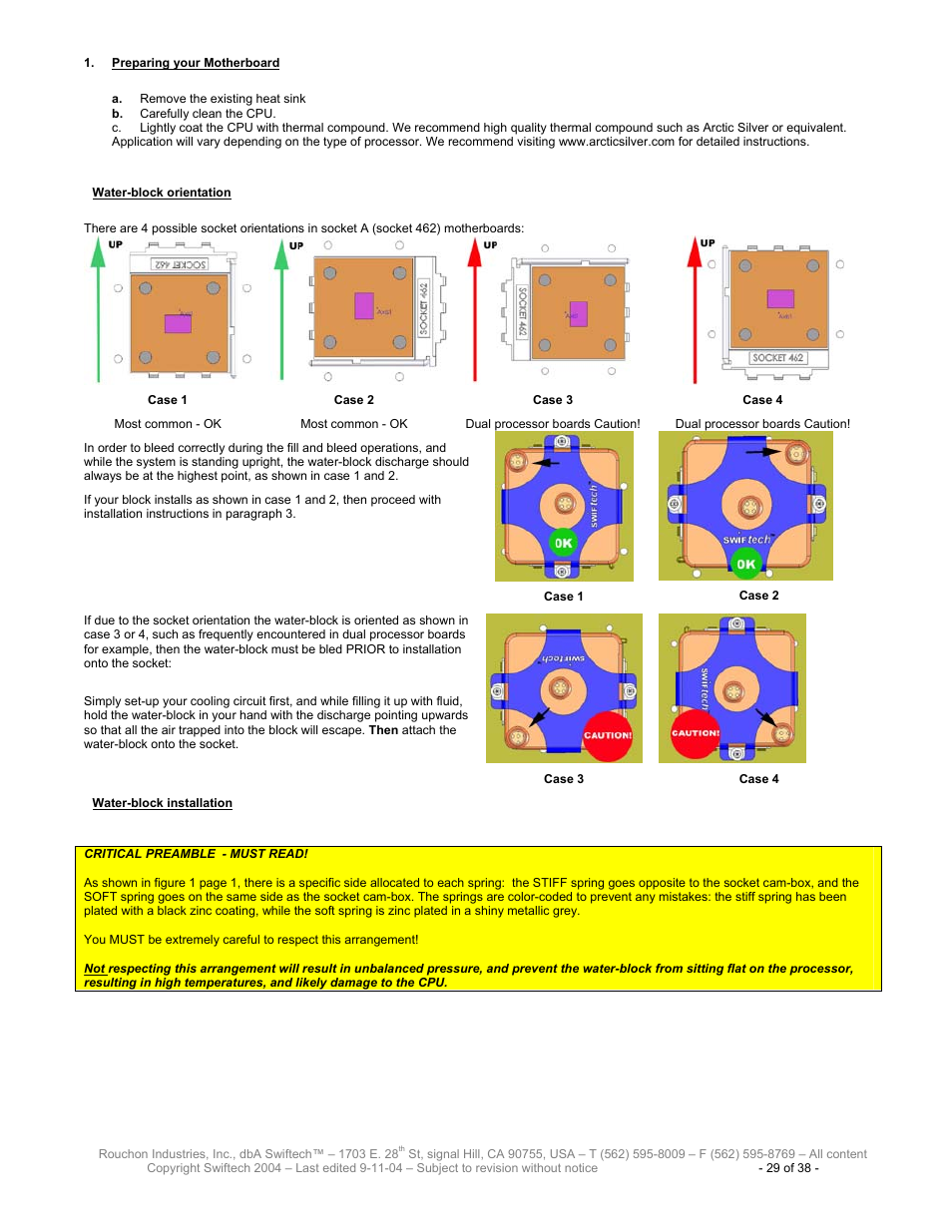 Reparing your, Otherboard, Ater | Block orientation, Block installation | Swiftech H20 80 User Manual | Page 29 / 38