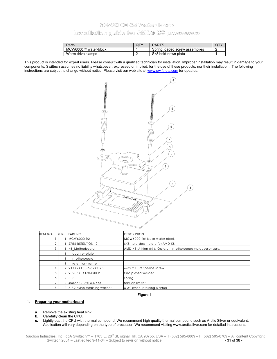Mcw6000-64 w, Ater, Block | Nstallation guide for, Processors, Reparing your motherboard | Swiftech H20 80 User Manual | Page 31 / 38