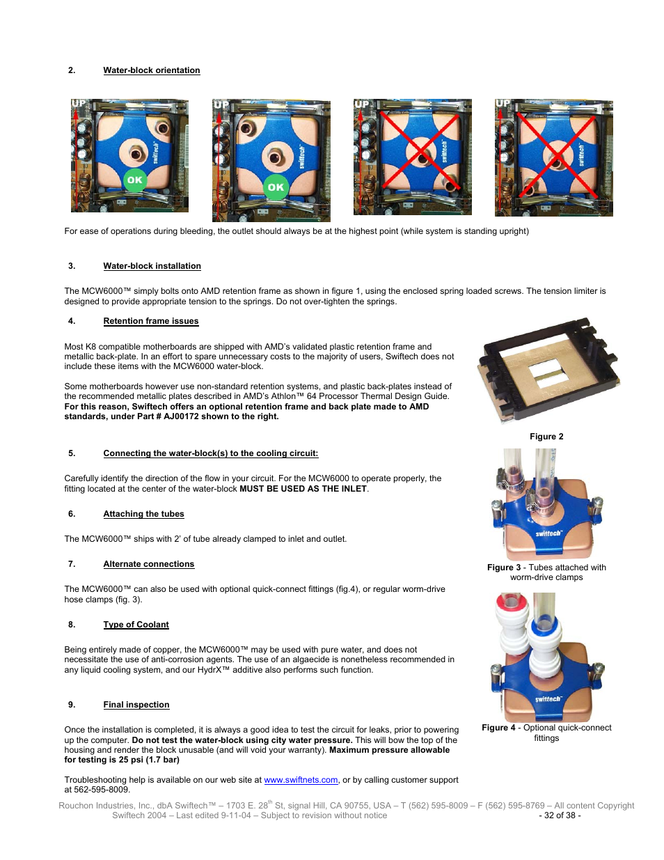 Ater, Block orientation, Block installation | Etention frame issues, Onnecting the water, Block, To the cooling circuit, Ttaching the tubes, Lternate connections, Ype of | Swiftech H20 80 User Manual | Page 32 / 38