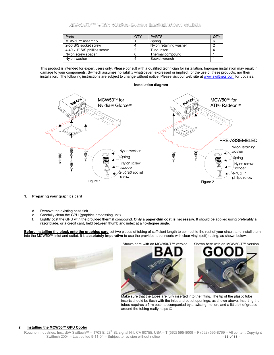 Mcw50™ vga w, Ater, Block | Nstallation, Uide, Reparing your graphics card, Nstalling the, Mcw50™ gpu c, Ooler | Swiftech H20 80 User Manual | Page 33 / 38