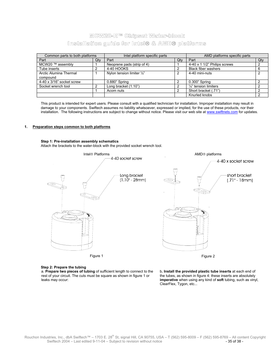 Mcw20-r™ c, Hipset, Ater | Block, Nstallation guide for, Ntel, Platforms, Reparation steps common to both platforms | Swiftech H20 80 User Manual | Page 35 / 38