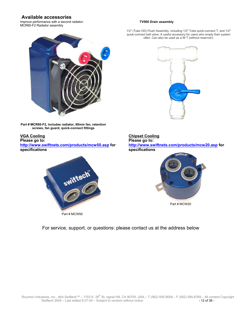 Available accessories | Swiftech H20 80 R2 User Manual | Page 12 / 38