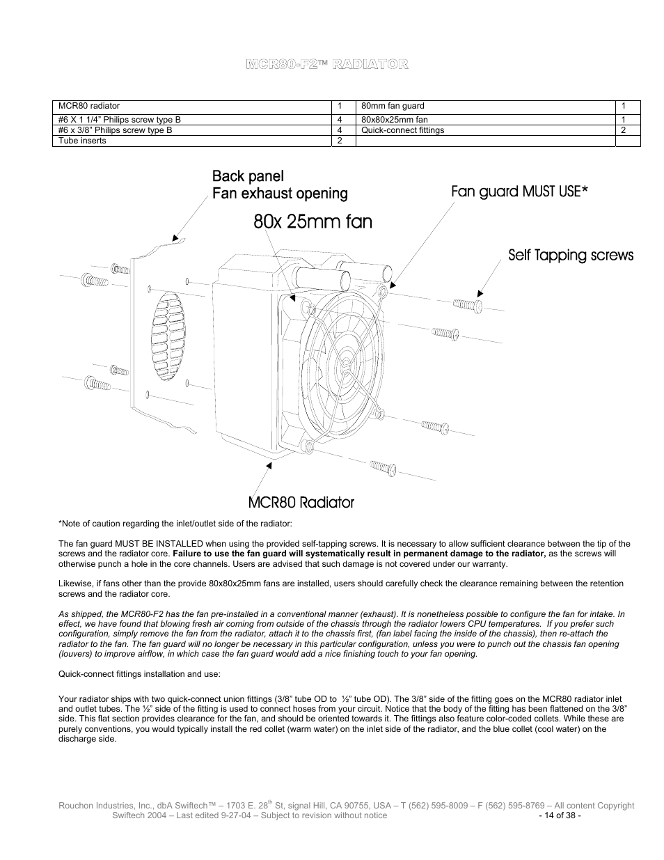 Mcr80-f2, Radiator, Uick | Connect fittings installation and use | Swiftech H20 80 R2 User Manual | Page 14 / 38