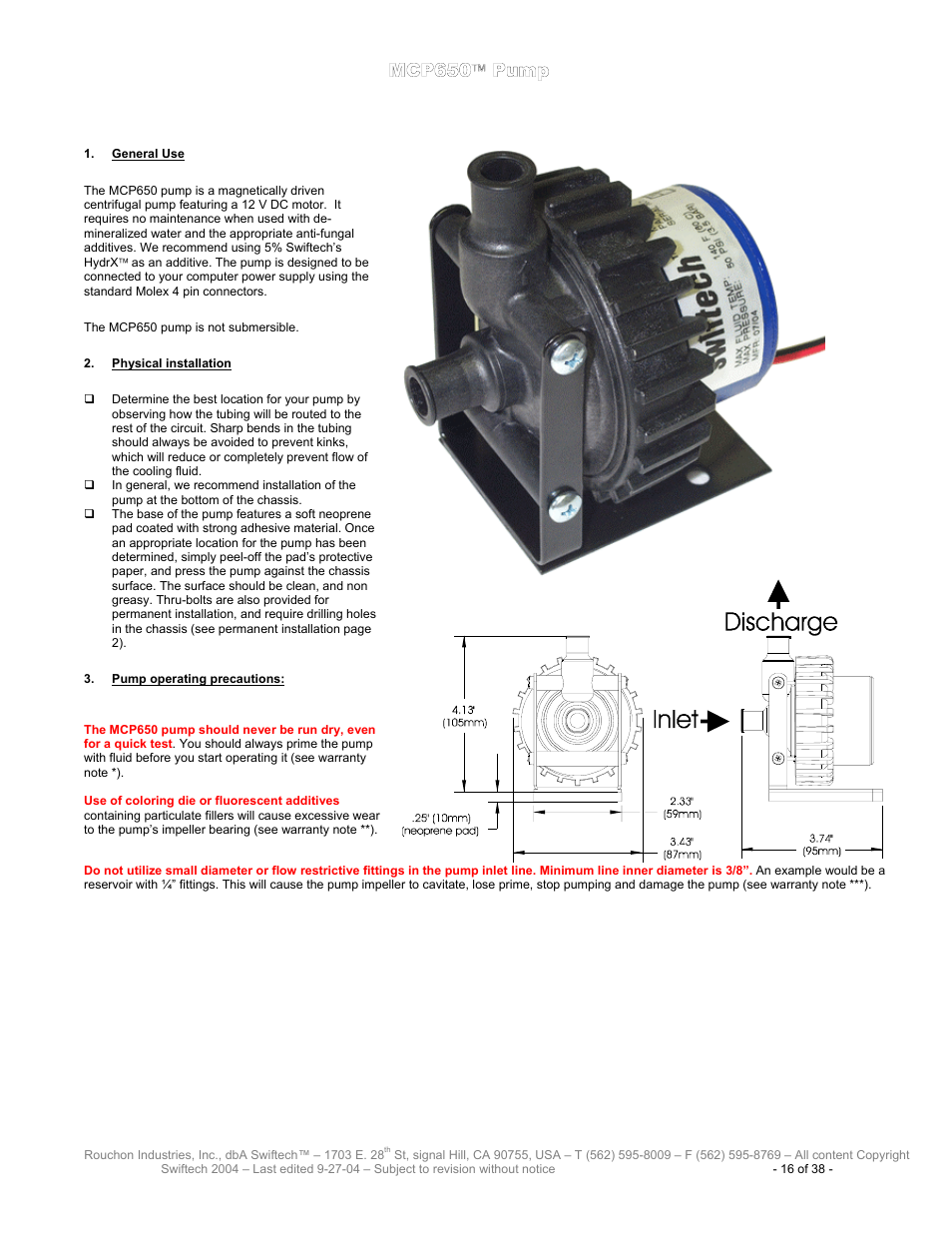 Mcp650, Eneral, Hysical installation | Ump operating precautions | Swiftech H20 80 R2 User Manual | Page 16 / 38