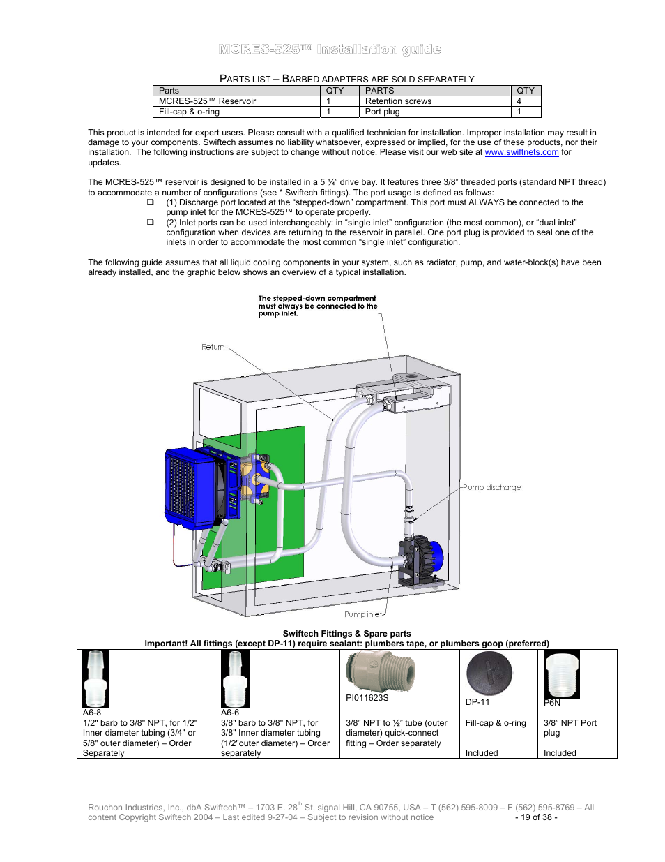 Parts list – barbed adapters are sold separately, Mcres-525™ i, Nstallation guide | Swiftech H20 80 R2 User Manual | Page 19 / 38