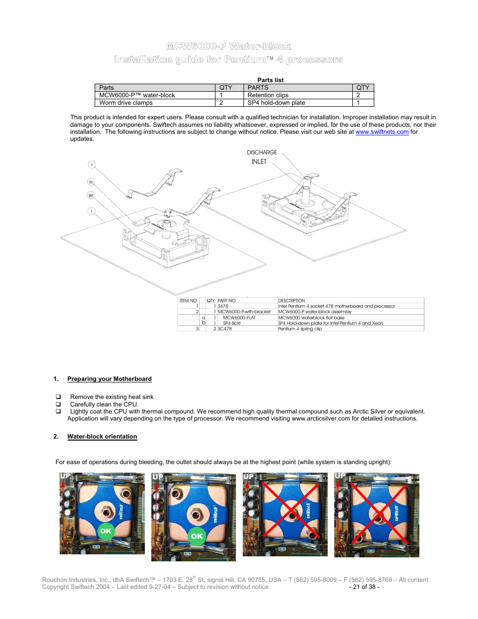 Parts list, Mcw6000-p w, Ater | Block, Nstallation guide for, Entium, Processors, Reparing your, Otherboard, Block orientation | Swiftech H20 80 R2 User Manual | Page 21 / 38