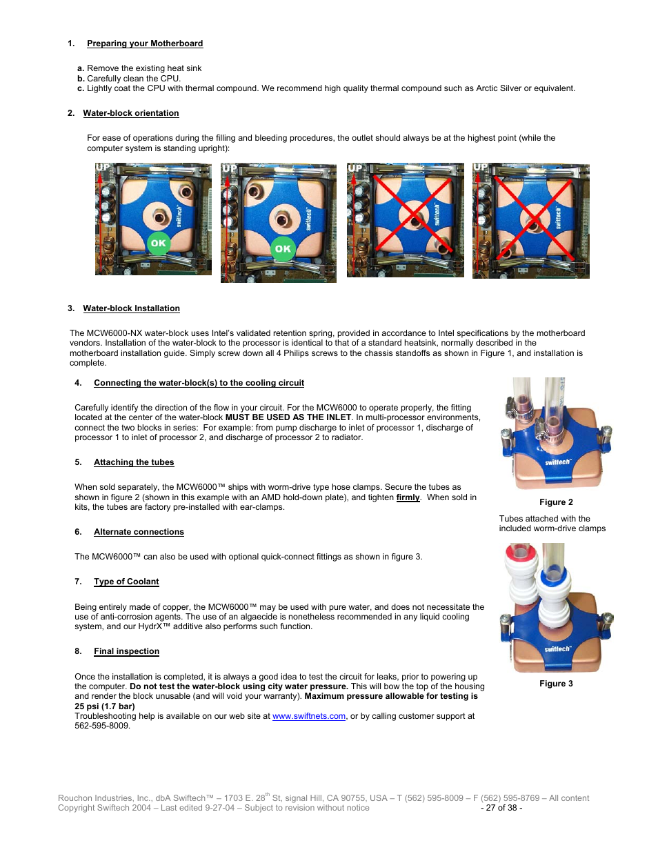 Reparing your, Otherboard, Ater | Block orientation, Block, Nstallation, Onnecting the water, To the cooling circuit, Ttaching the tubes, Lternate connections | Swiftech H20 80 R2 User Manual | Page 27 / 38