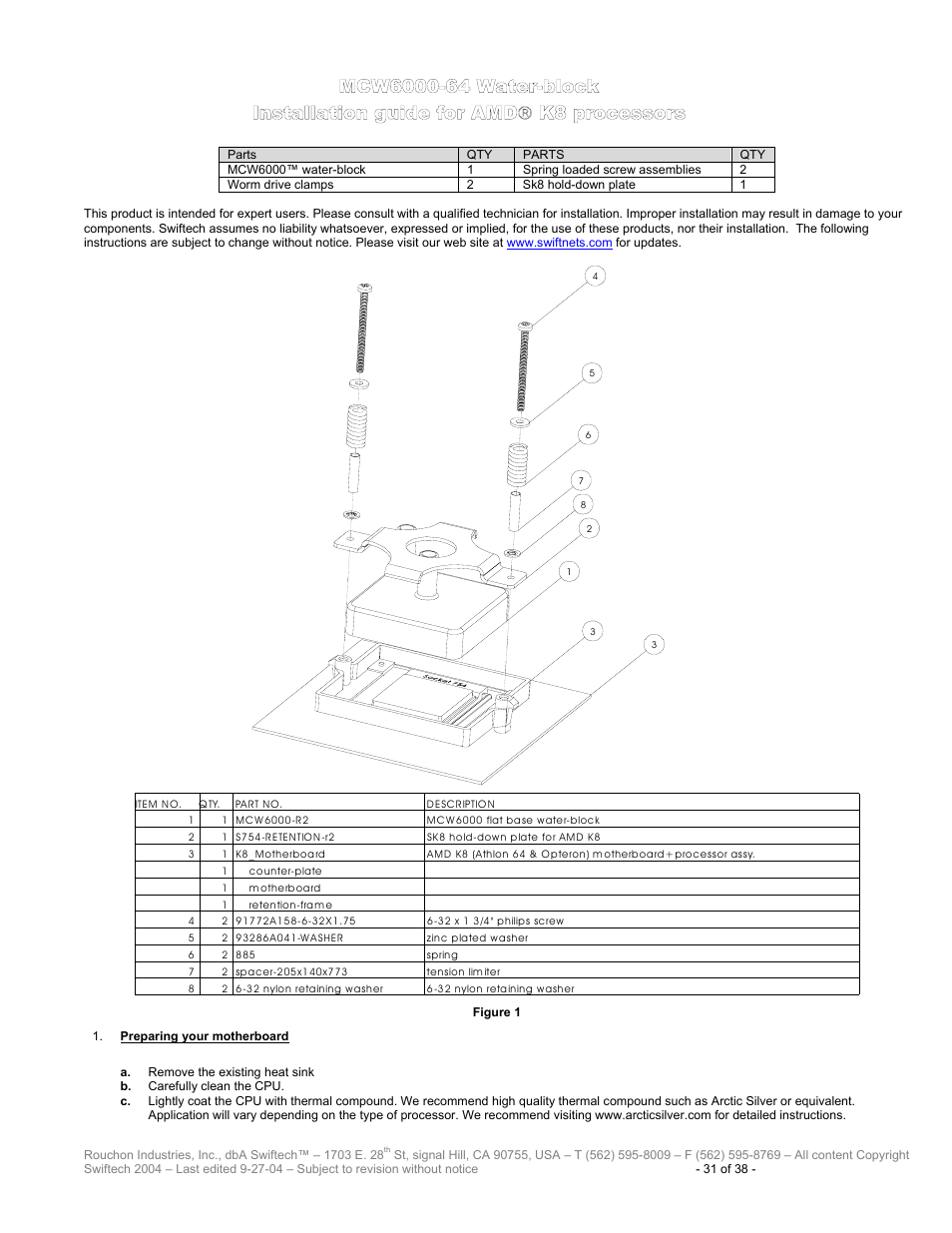 Mcw6000-64 w, Ater, Block | Nstallation guide for, Processors, Reparing your motherboard | Swiftech H20 80 R2 User Manual | Page 31 / 38