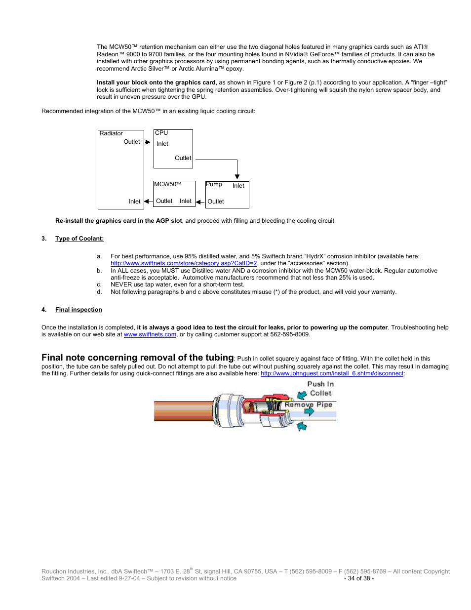 Ype of, Oolant, Inal inspection | Swiftech H20 80 R2 User Manual | Page 34 / 38