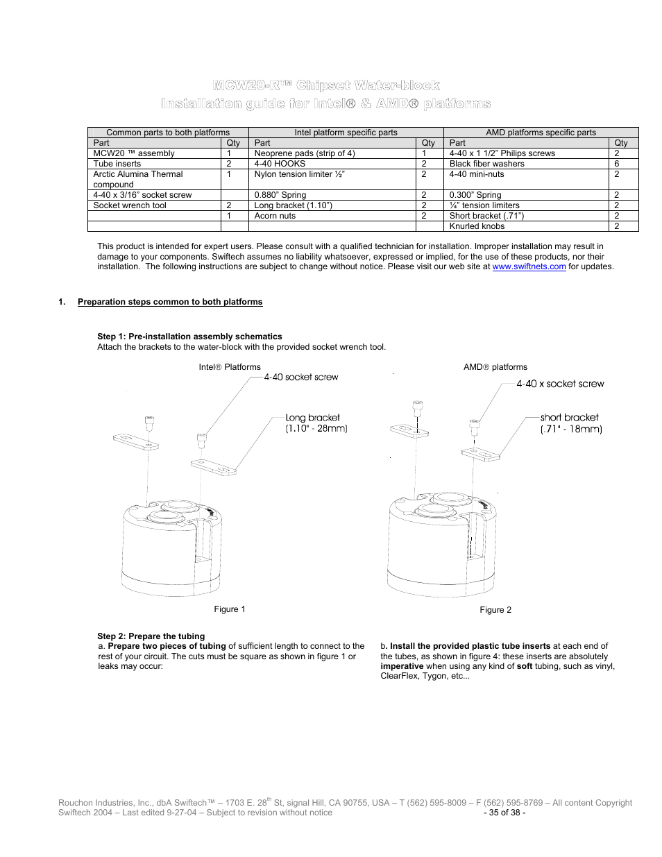 Mcw20-r™ c, Hipset, Ater | Block, Nstallation guide for, Ntel, Platforms, Reparation steps common to both platforms | Swiftech H20 80 R2 User Manual | Page 35 / 38