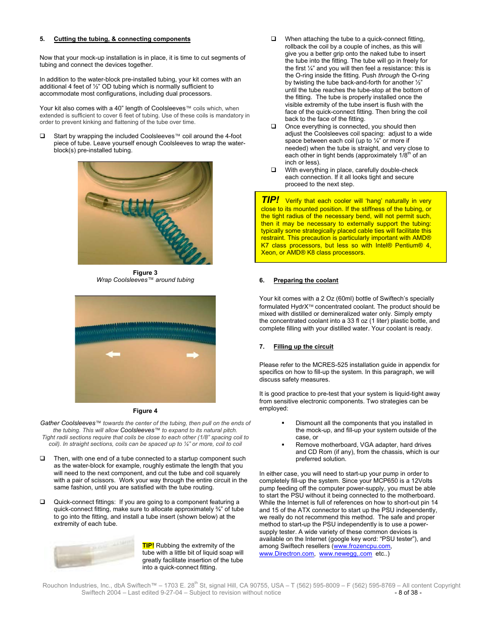Utting the tubing, Connecting components, Reparing the coolant | Illing up the circuit | Swiftech H20 80 R2 User Manual | Page 8 / 38