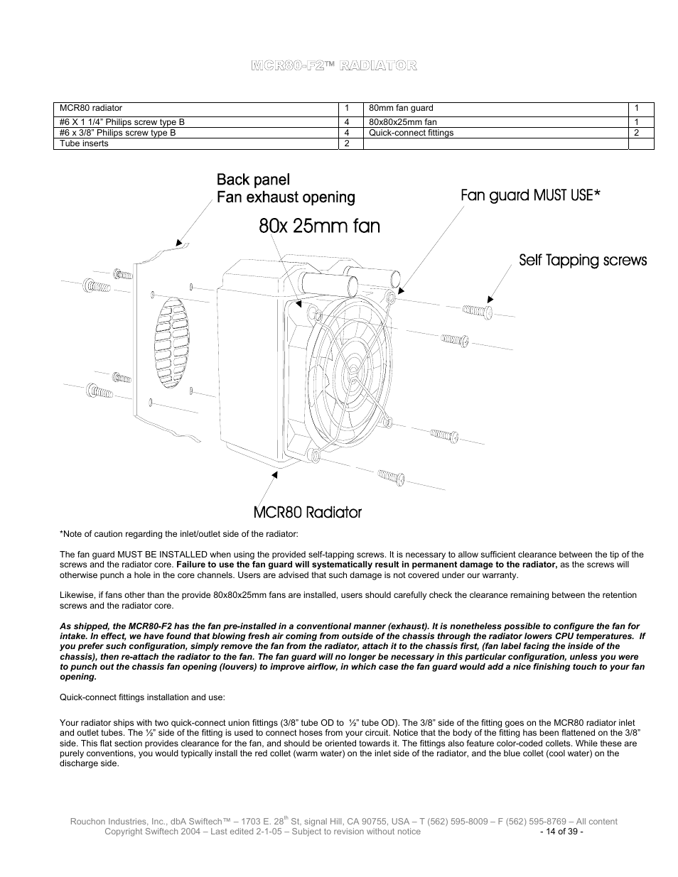 Mcr80-f2, Radiator | Swiftech H20 80 R3 User Manual | Page 14 / 39