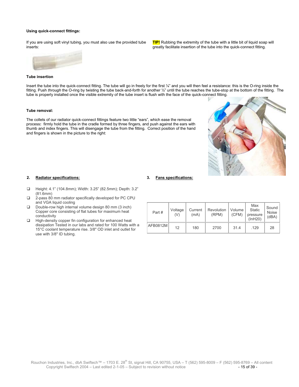 Adiator specifications, Ans specifications | Swiftech H20 80 R3 User Manual | Page 15 / 39
