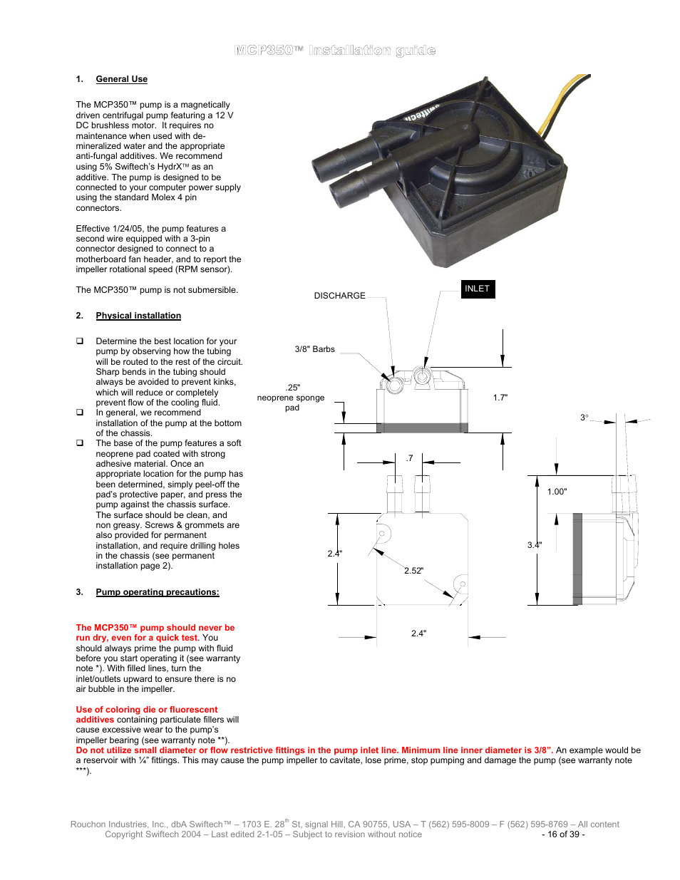 Mcp350, Nstallation guide, Eneral | Hysical installation, Ump operating precautions | Swiftech H20 80 R3 User Manual | Page 16 / 39