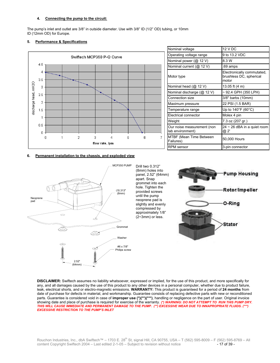 Onnecting the pump to the circuit, Erformance, Pecifications | Ermanent installation to the chassis, And exploded view | Swiftech H20 80 R3 User Manual | Page 17 / 39
