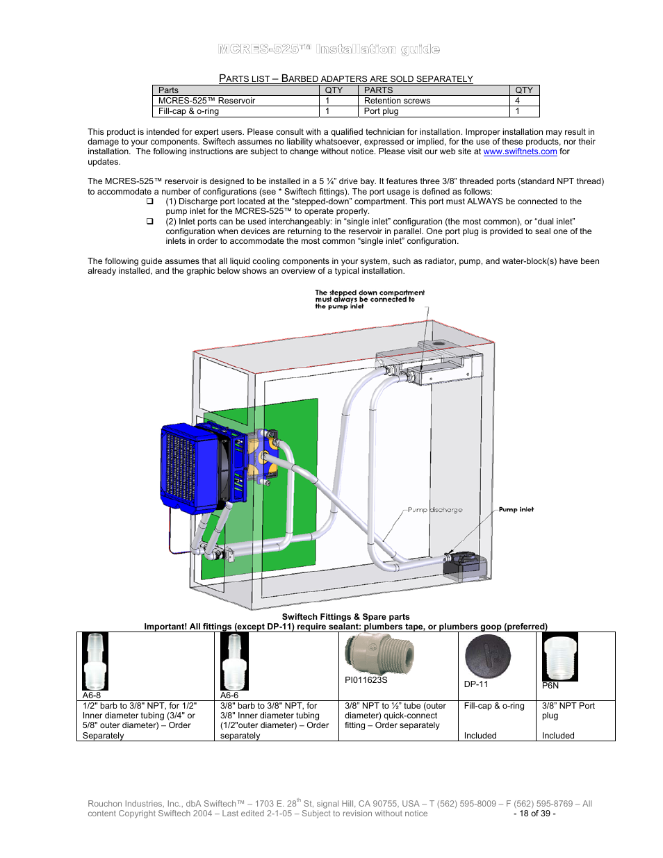 Parts list – barbed adapters are sold separately, Mcres-525™ i, Nstallation guide | Swiftech H20 80 R3 User Manual | Page 18 / 39
