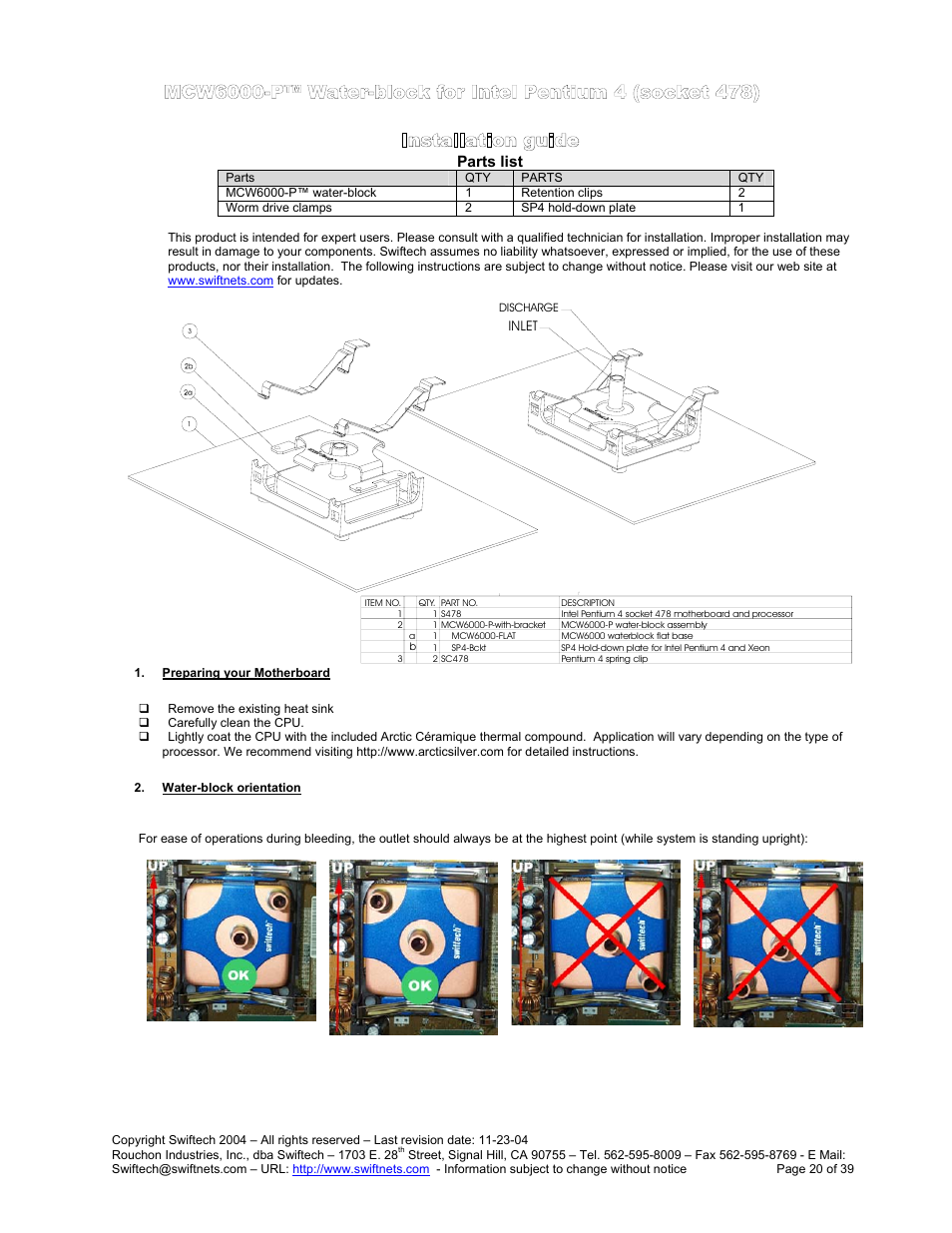 Parts list, Mcw6000-p™ w, Ater | Block for, Ntel, Entium, Socket, Reparing your, Otherboard, Block orientation | Swiftech H20 80 R3 User Manual | Page 20 / 39