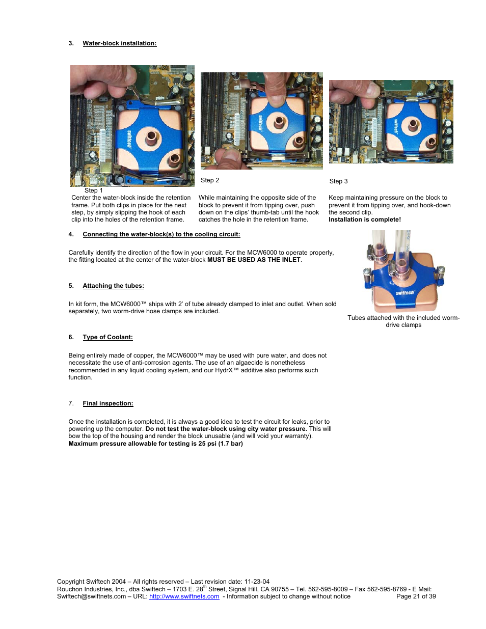 Ater, Block installation, Onnecting the water | Block, To the cooling circuit, Ttaching the tubes, Ype of, Oolant, Inal inspection | Swiftech H20 80 R3 User Manual | Page 21 / 39