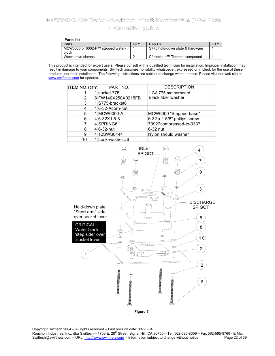 Parts list, Mcw6000-775 w, Ater | Block for, Ntel, Entium, 4 (lga 775) i, Nstallation guide | Swiftech H20 80 R3 User Manual | Page 22 / 39