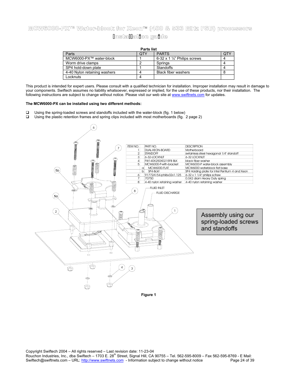 Parts list, Mcw6000-px™ w, Ater | Block for, 400 & 533 mh, Fsb), Processors, Nstallation guide, Installation guide | Swiftech H20 80 R3 User Manual | Page 24 / 39