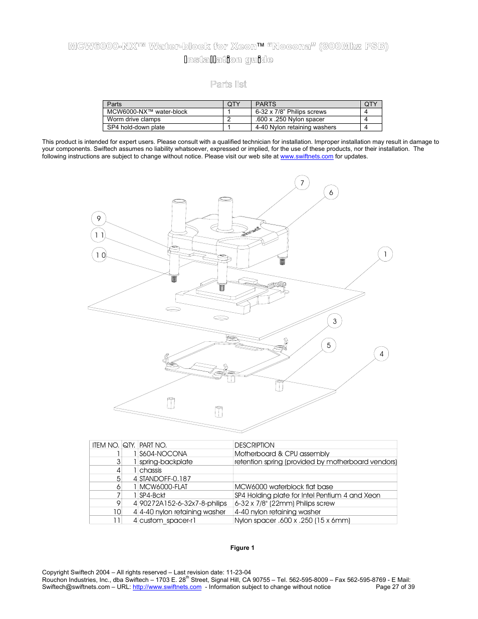 Mcw6000-nx™ w, Ater, Block for | Ocona, 800m, Fsb), Nstallation guide, Arts list, Nstallation guid, Installation guide | Swiftech H20 80 R3 User Manual | Page 27 / 39