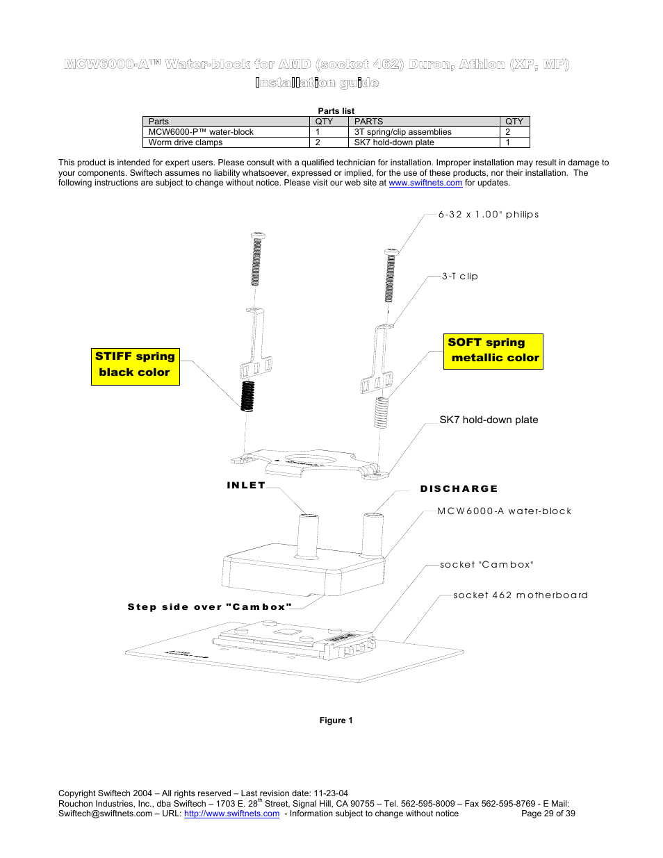 Parts list, Mcw6000-a™ w, Ater | Block for, Socket, 462) d, Uron, Thlon, Xp, mp), Nstallation guide | Swiftech H20 80 R3 User Manual | Page 29 / 39
